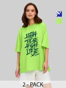 Leotude Women Pack Of 2 Typography Printed Round Neck Cotton Oversized T-shirts