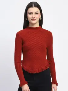 Madame Women Ribbed Pullover with Fringed Detail