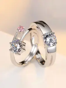 Jewels Galaxy Set Of 2 Silver-Plated CZ Studded Adjustable Couple Finger Rings