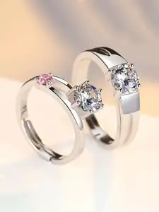 Jewels Galaxy Set Of 2 Silver-Plated CZ Studded Adjustable Couple Finger Rings