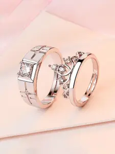 Jewels Galaxy Set Of 2 Silver-Plated Cubic Zirconia Stone-Studded Adjustable Finger Ring