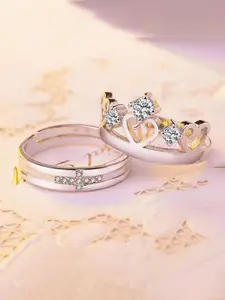 Jewels Galaxy Set Of 2 Silver-Plated Cubic Zirconia Stone-Studded Adjustable Finger Ring