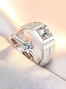 Jewels Galaxy Set Of 2 Silver-Plated CZ Studded Adjustable Couple Finger Rings