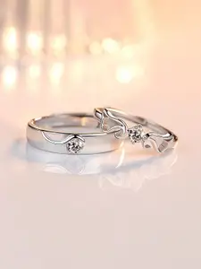 Jewels Galaxy Valentine's Set Of 2 Silver-Plated CZ Studded Adjustable Couple Finger Rings