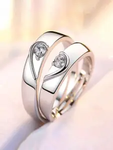 Jewels Galaxy Valentine's Set Of 2 Silver-Plated CZ Studded Adjustable Couple Finger Rings