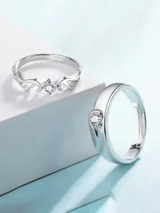 Jewels Galaxy Valentine's Set Of 2 Silver-Plated CZ Studded Adjustable Couple Finger Rings