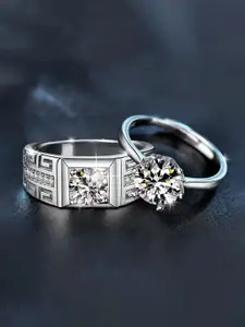 Jewels Galaxy Set Of 2 Valentine's Silver-Plated CZ Studded Adjustable Couple Finger Rings