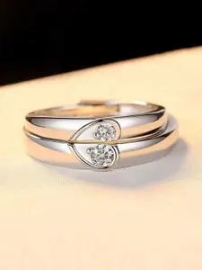 Jewels Galaxy Set Of 2 Valentine's Silver-Plated CZ Studded Adjustable Couple Finger Rings