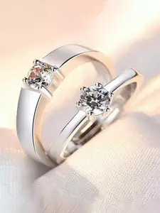 Jewels Galaxy Valentine's Set Of 2 Silver-Plated CZ Studded Adjustable Couple Finger Rings