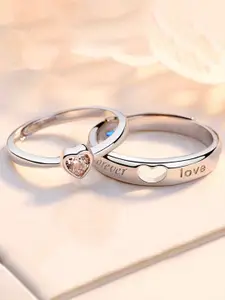 Jewels Galaxy Valentine's Set Of 2 Silver-Plated CZ Studded Adjustable Couple Finger Rings