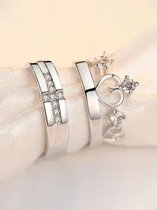 Jewels Galaxy Valentine's Set Of 2 Silver-Plated CZ Studded Adjustable Couple Finger Rings