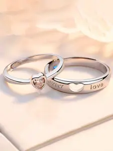 Jewels Galaxy Valentine's Set Of 2 Silver-Plated CZ Studded Adjustable Couple Finger Rings