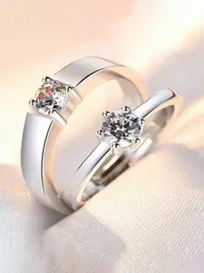 Jewels Galaxy Set Of 2 Valentine's Silver-Plated CZ Studded Adjustable Couple Finger Rings