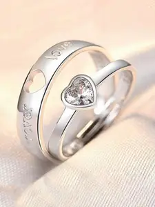 Jewels Galaxy Set Of 2 Valentine's Silver-Plated CZ Studded Adjustable Couple Finger Rings