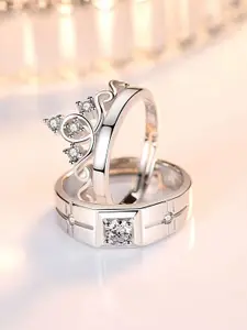 Jewels Galaxy Set Of 2 Valentine's Silver-Plated CZ Studded Adjustable Couple Finger Rings
