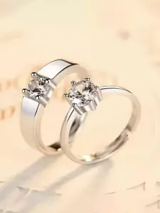 Jewels Galaxy Valentine's Set Of 2 Silver-Plated CZ Studded Adjustable Couple Finger Rings