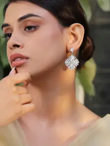 Rubans Rhodium-Plated Cubic Zirconia Studded Contemporary Drop Earrings