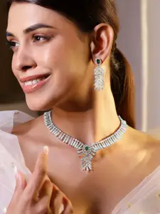 Rubans Rhodium-Plated Emerald Green & White Cubic Zirconia Studed Leaf Design Necklace Set
