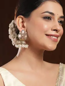 Rubans 24k Gold-Plated Cubic Zirconia Studded & Beaded Dome Shaped Jhumkas