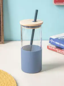 MARKET99 Navy Blue & Beige Borosilicate Glass Sipper With Straw 350 ml
