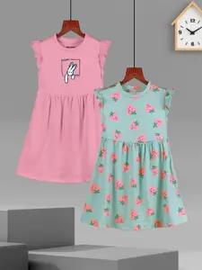 HELLCAT Girls Pack of 2 Printed Flutter Sleeves Cotton Fit and Flare Dresses