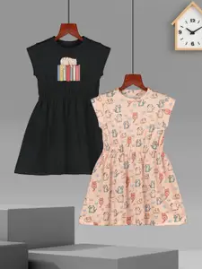 HELLCAT Girls Pack of 2 Printed Cap Sleeves Cotton Fit and Flare Dresses