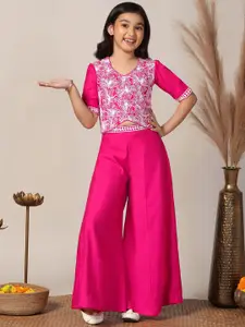 FASHION DREAM Girls Floral Embroidered V-Neck Top with Palazzo