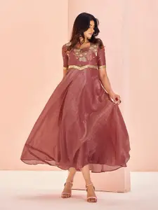 ODETTE Women Embroidered Cold-Shoulder Sleeves Fit And Flare Ethnic Dress