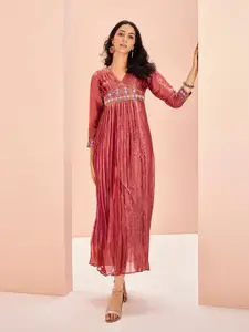 ODETTE Women Embroidered Three-Quarter Sleeves Beads Work Organza Ethnic Dress