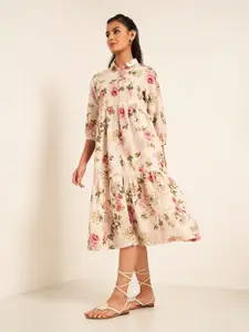 AKKRITI BY PANTALOONS Floral Print A-Line Shirt Collar Midi Dress