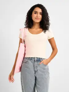 People Women Round Neck Cotton Fitted Crop Top