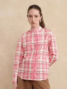 RAREISM Women Band Collar Tartan Checked Cotton Casual Shirt