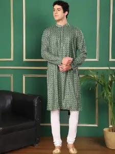 TATTVA Floral Embroidered Mandarin Collar Pure Cotton Straight Kurta With Trouser