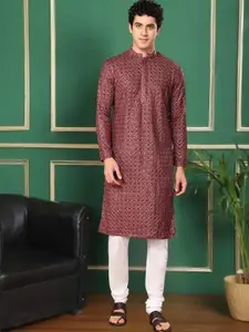 TATTVA Floral Embroidered Mandarin Collar Sequinned Pure Cotton Straight Kurta With Pyjama