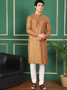 TATTVA Floral Embroidered Mandarin Collar Sequinned Pure Cotton Straight Kurta With Pyjama