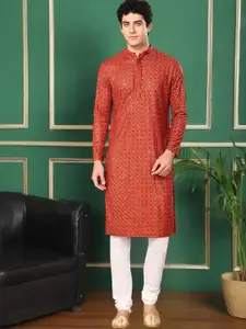 TATTVA Floral Embroidered Mandarin Collar Sequinned Pure Cotton Straight Kurta With Pyjama