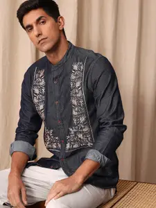 Mr Bowerbird Pure Cotton Tailored Fit Floral Embroidered Denim Casual Shirt