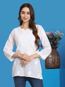 PARAMOUNT CHIKAN Women Ethnic Motifs Embroidered Round Neck Long Sleeves Chikankari Kurti