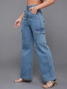 Miss Chase Women Wide Leg High-Rise Light Fade Stretchable Cargo Styles Jeans