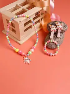 Jewelz Girls Unicorn Artificial Beads Beaded Necklace & Bracelet With Hair Clips Set