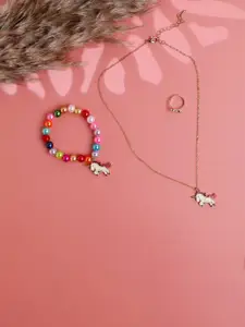 Jewelz Girls Unicorn Artificial Stones and Beads Necklace & Bracelet With Finger Ring Set