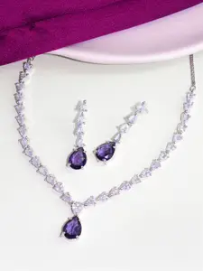PRIVIU Rhodium-Plated American Diamond Stone-Studded Necklace & Earrings