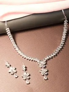 PRIVIU Rhodium Plated AD Floral Stone-Studded Necklace & Earrings