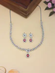 PRIVIU Rhodium-Plated  American Diamond Stone-Studded Necklace and Earrings