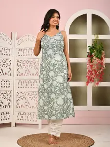 Nayo Floral Printed Sweetheart Neck Sleeveless Shoulder Straps Cotton Straight Kurta