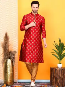 Larwa Floral Woven Design Mandarin Collar Jacquard Zari Straight Kurta With Churidar