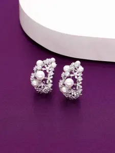 KAI JEWEL Rhodium-Plated Twirly Pearl Sterling Silver Contemporary Hoop Earrings