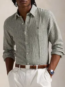Polo Ralph Lauren Men Button-Down Collar Vertical Striped Linen Formal Shirt
