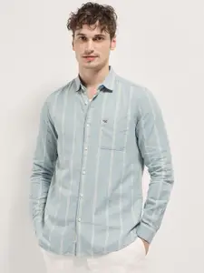 THE BEAR HOUSE Men Spread Collar Vertical Striped Cotton Casual Shirt