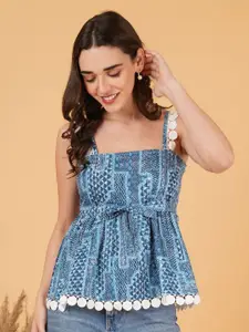 COTLAND FASHION Women Printed Square Neck Cotton Sleeveless Peplum Top